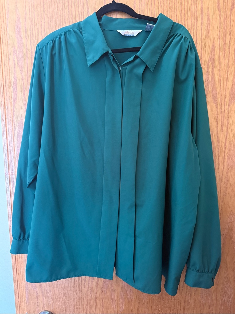 Vintage Forest Green Long Sleeve Blouse - Classic Collar